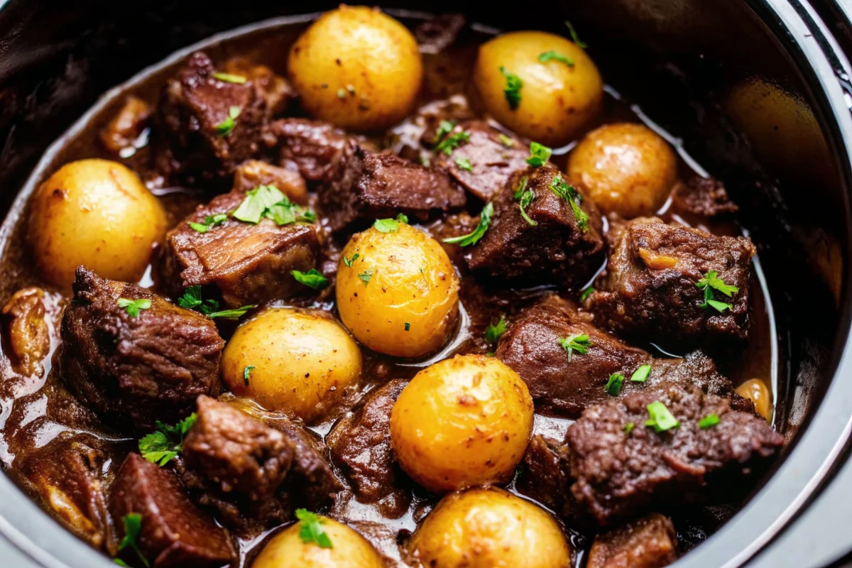 Crockpot garlic butter perfection with tender beef chunks and golden potatoes in rich garlic butter sauce, garnished with fresh parsley in a white ceramic slow cooker bowl