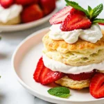 Delicious homemade strawberry shortcake with buttery shortcake biscuits, macerated strawberries, and fluffy homemade whipped cream topping – the ultimate easy refreshing fruit dessert.