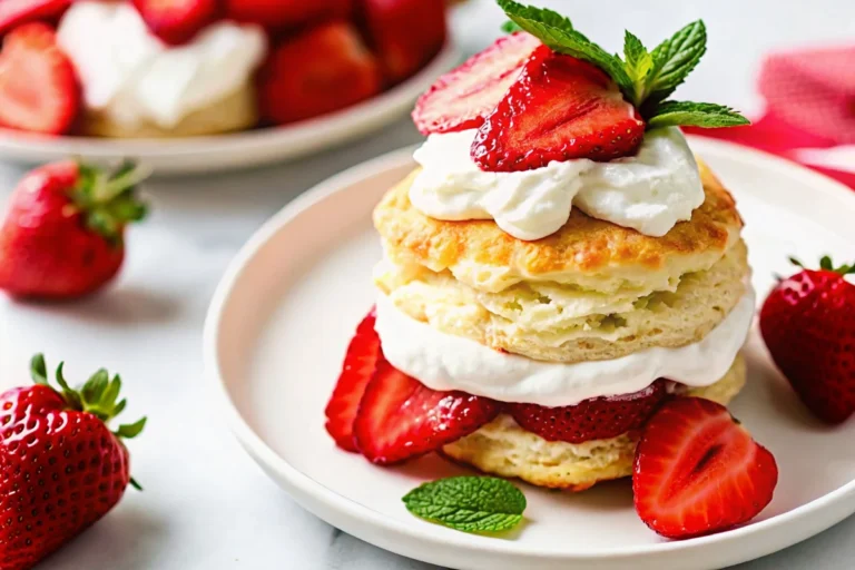 Delicious homemade strawberry shortcake with buttery shortcake biscuits, macerated strawberries, and fluffy homemade whipped cream topping – the ultimate easy refreshing fruit dessert.
