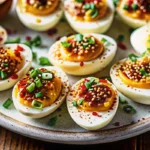 Spicy chili garlic deviled eggs arranged on white plate with parsley garnish and chili flakes