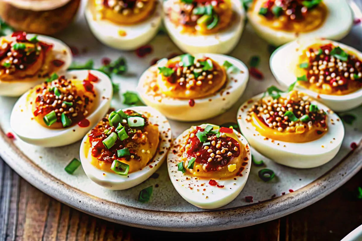 Spicy chili garlic deviled eggs arranged on white plate with parsley garnish and chili flakes
