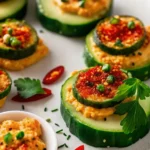 Fresh hummus cucumber bites recipe with feta cheese, cherry tomatoes and olives arranged on white platter - healthy Mediterranean appetizer