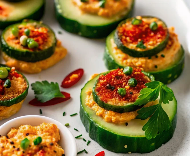 Fresh hummus cucumber bites recipe with feta cheese, cherry tomatoes and olives arranged on white platter - healthy Mediterranean appetizer