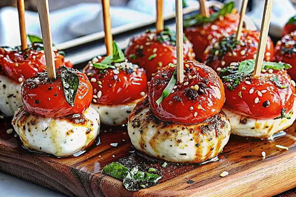 Mini caprese bites with cherry tomatoes, fresh basil, and mozzarella balls on toothpicks drizzled with balsamic glaze - perfect mini appetizers for parties