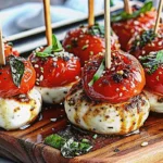 Mini caprese bites with cherry tomatoes, fresh basil, and mozzarella balls on toothpicks drizzled with balsamic glaze - perfect mini appetizers for parties