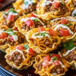 Taco ranch bites mini appetizers arranged on white serving platter with golden phyllo cups filled with seasoned beef mixture and melted cheese