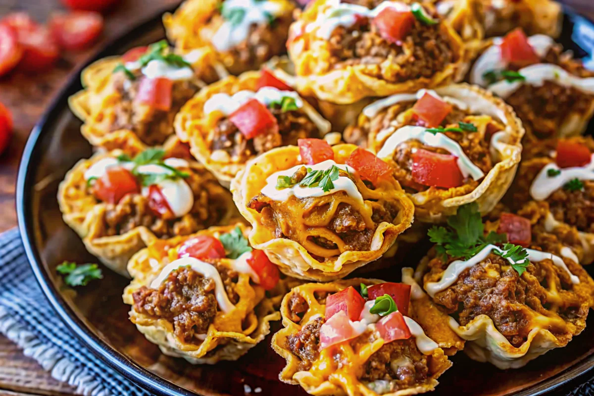 Taco ranch bites mini appetizers arranged on white serving platter with golden phyllo cups filled with seasoned beef mixture and melted cheese