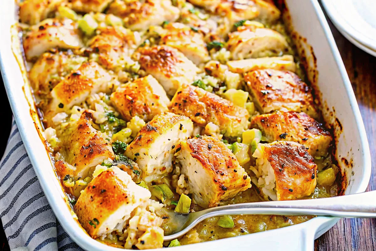 Golden brown chicken and stuffing casserole in white baking dish with melted cheese and herbs, comfort food recipe