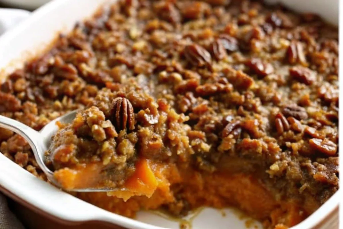 Golden-brown sweet potato crunch casserole with caramelized pecan topping and maple syrup glaze in white baking dish
