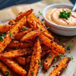 Golden crispy oven baked sweet potato fries arranged on a white plate with herbs garnish, showing perfect browning and texture
