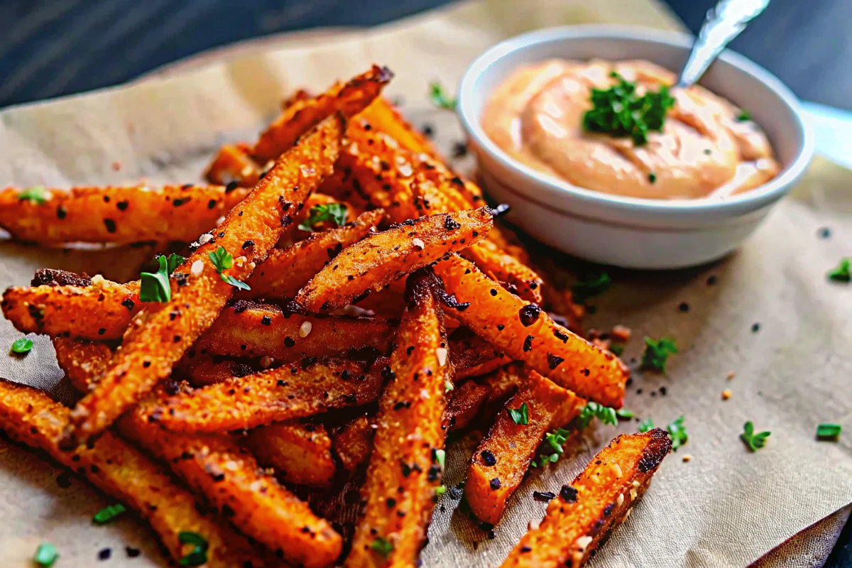 Golden crispy oven baked sweet potato fries arranged on a white plate with herbs garnish, showing perfect browning and texture