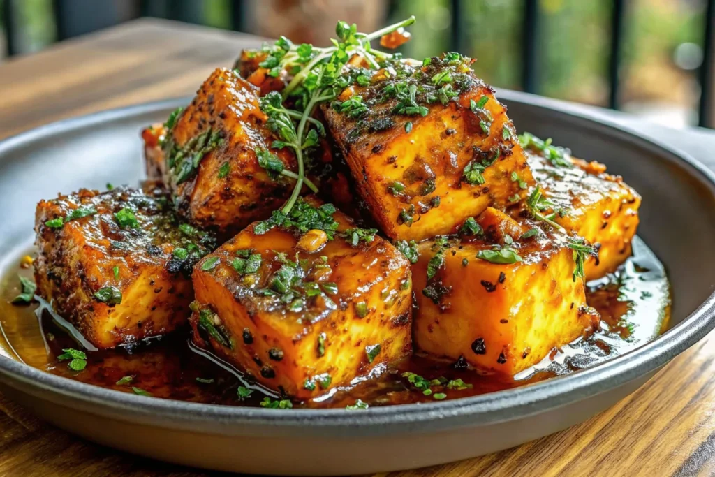 Golden honey butter roasted sweet potatoes with caramelized edges on a white serving platter garnished with fresh thyme