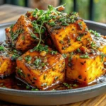 Golden honey butter roasted sweet potatoes with caramelized edges on a white serving platter garnished with fresh thyme