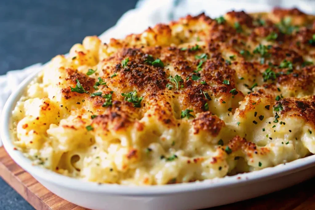 Golden baked mac and cheese recipe with three cheese blend and crispy panko topping in ceramic baking dish
