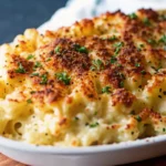 Golden baked mac and cheese recipe with three cheese blend and crispy panko topping in ceramic baking dish