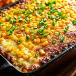 Golden honey glazed corn casserole in white baking dish with crispy edges and creamy center, perfect side dish recipe