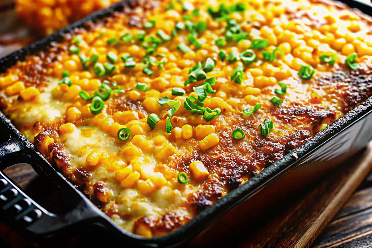 Golden honey glazed corn casserole in white baking dish with crispy edges and creamy center, perfect side dish recipe