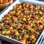Golden brown traditional stuffing recipe with crispy edges and herb garnish in white baking dish