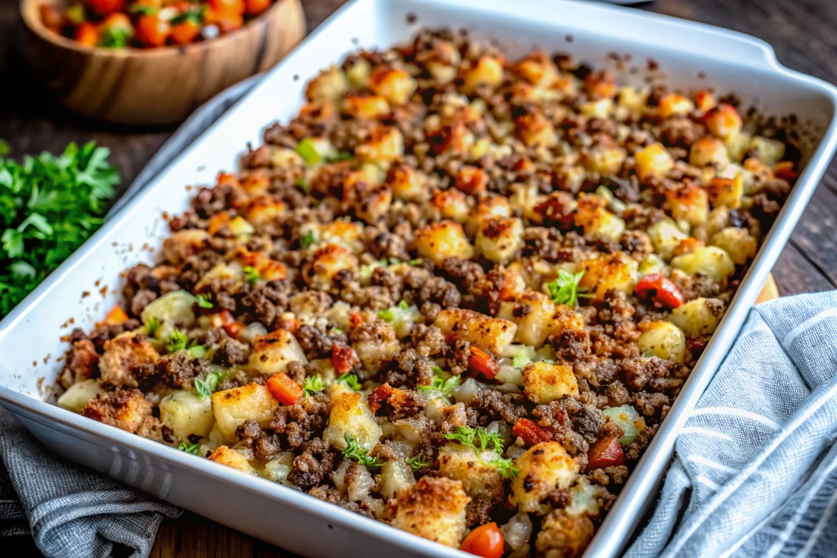 Golden brown traditional stuffing recipe with crispy edges and herb garnish in white baking dish