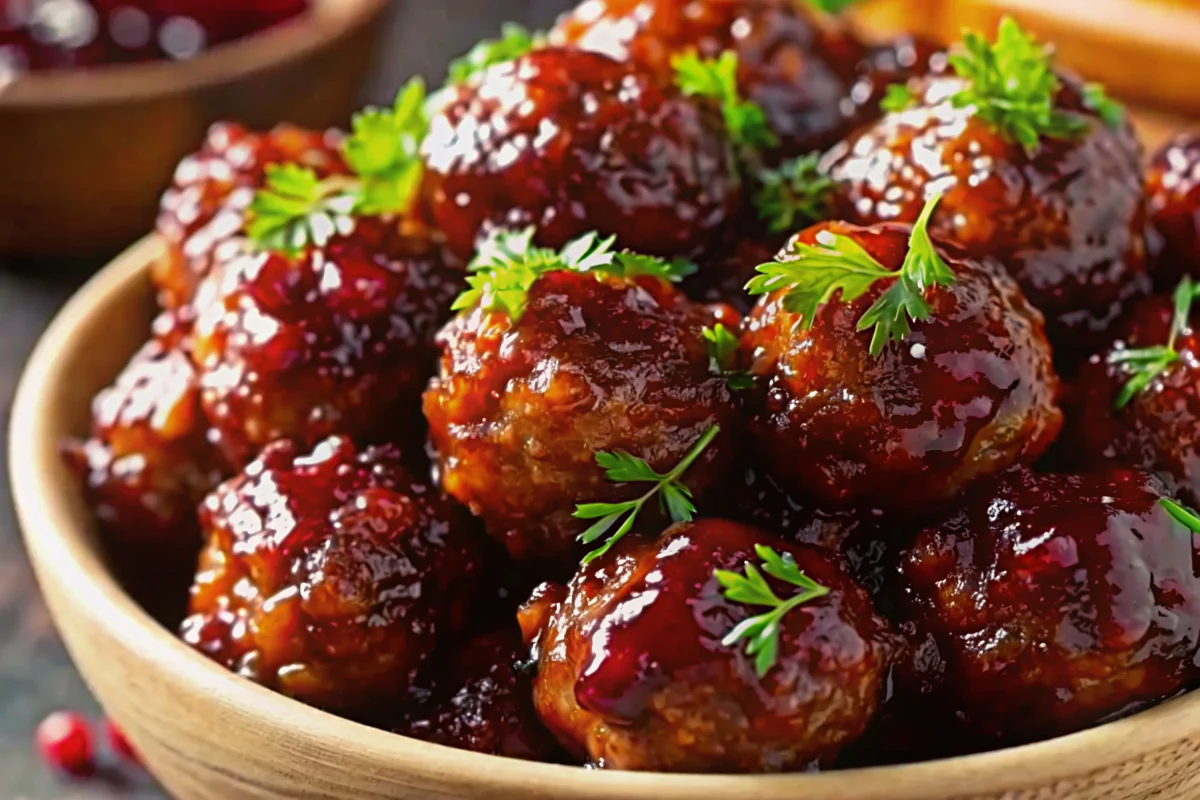 Golden mini meatballs in cranberry BBQ sauce garnished with fresh herbs on white ceramic serving platter with colorful toothpicks
