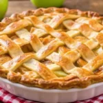 Homemade apple pie recipe with golden flaky crust, cinnamon-spiced apple filling, and decorative lattice top on wooden cutting board