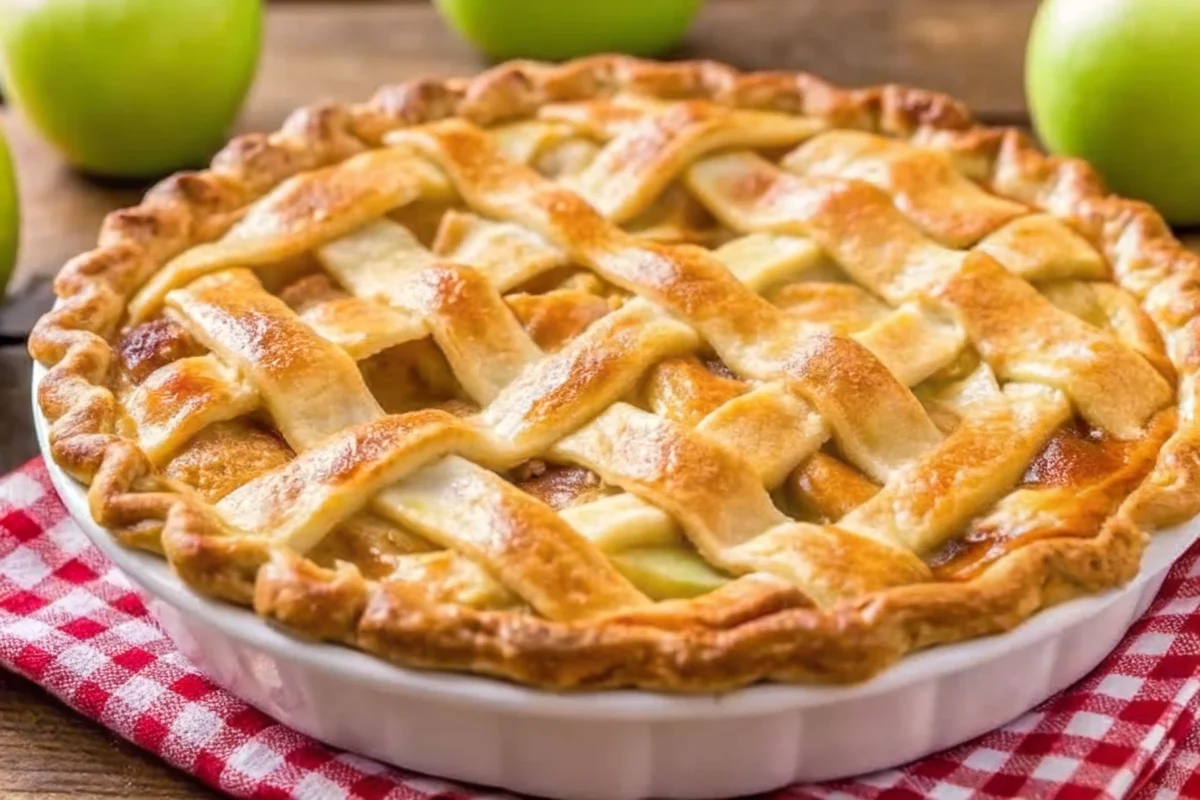 Homemade apple pie recipe with golden flaky crust, cinnamon-spiced apple filling, and decorative lattice top on wooden cutting board