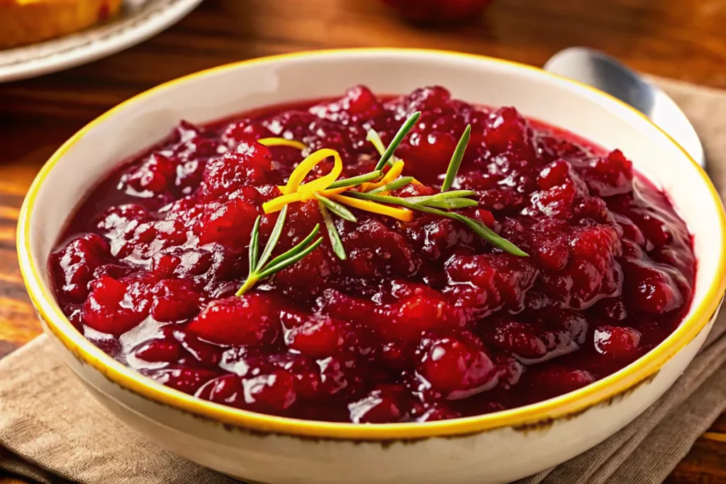 Homemade cranberry sauce with fresh cranberries and orange zest in white bowl, perfect apple pie recipe accompaniment