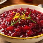 Homemade cranberry sauce with fresh cranberries and orange zest in white bowl, perfect apple pie recipe accompaniment