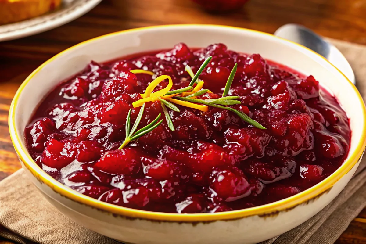 Homemade cranberry sauce with fresh cranberries and orange zest in white bowl, perfect apple pie recipe accompaniment