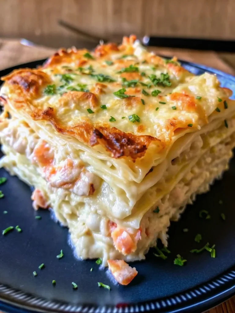 Delicious seafood lasagna with shrimp and crab featuring golden melted cheese layers and creamy béchamel sauce
