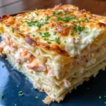 Delicious seafood lasagna with shrimp and crab featuring golden melted cheese layers and creamy béchamel sauce