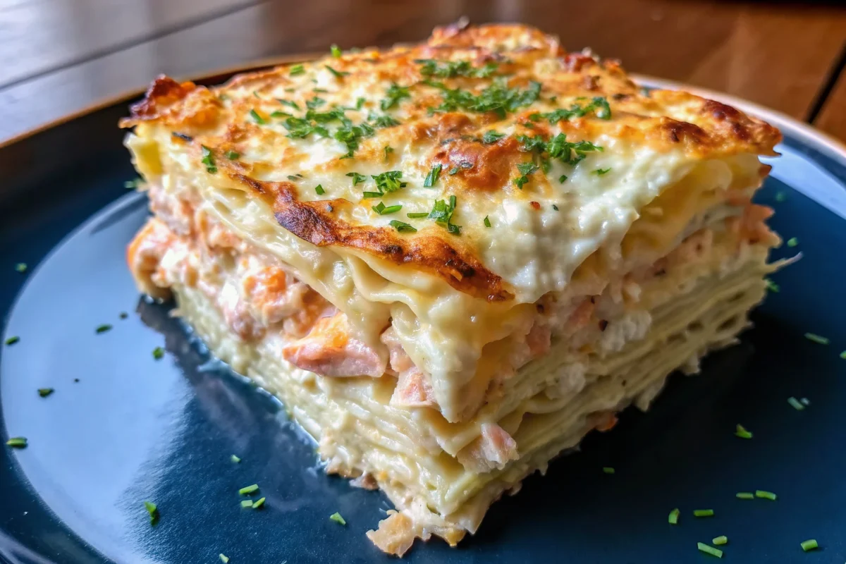 Delicious seafood lasagna with shrimp and crab featuring golden melted cheese layers and creamy béchamel sauce