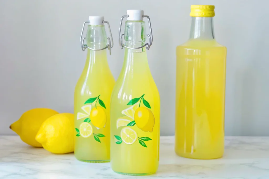 Homemade limoncello recipe ingredients including organic lemons, high-proof alcohol, and sugar arranged on rustic Italian kitchen counter