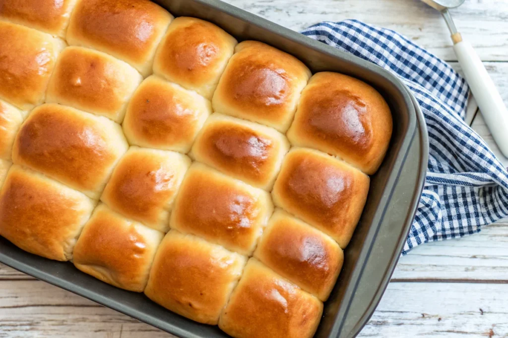 Golden brown homemade dinner rolls arranged in baking pan, freshly baked and brushed with melted butter