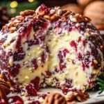 Cranberry pecan cheese ball appetizer on wooden board with crackers and holiday garnish