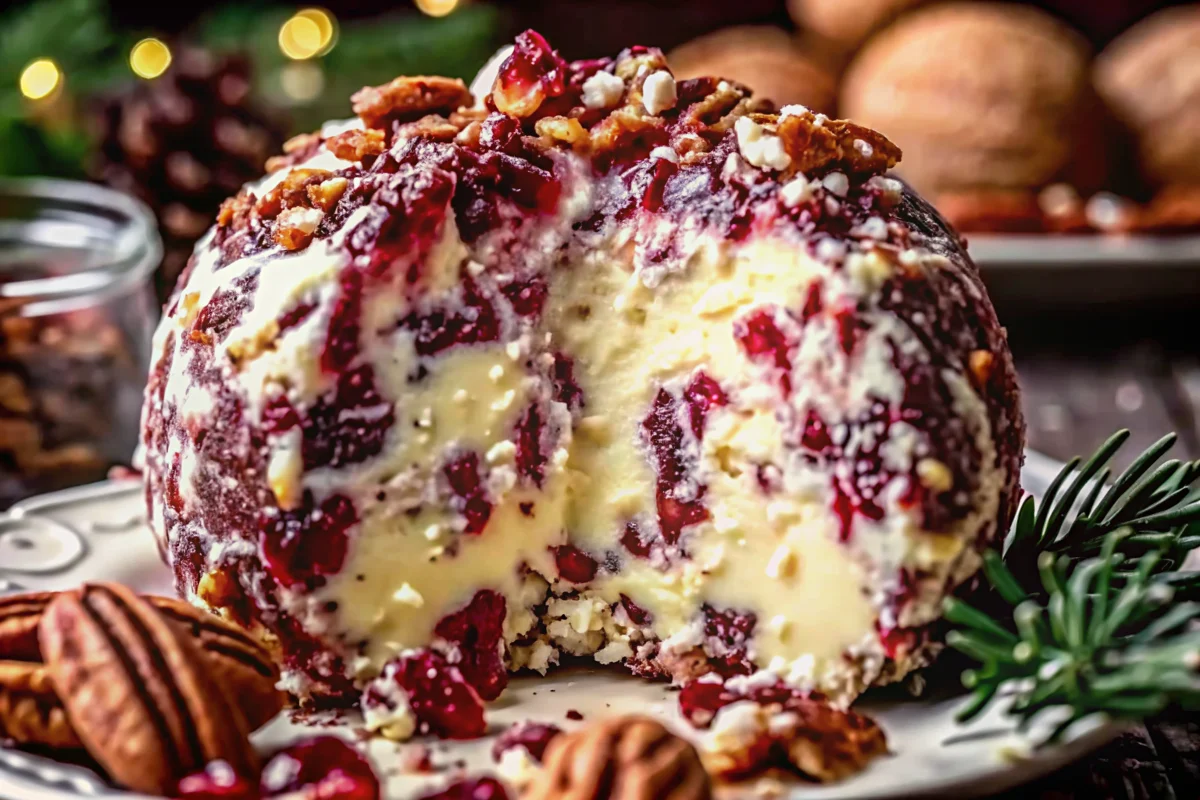 Cranberry pecan cheese ball appetizer on wooden board with crackers and holiday garnish