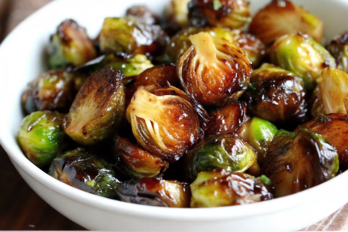 "Crispy honey balsamic brussels sprouts with golden caramelized edges and glossy balsamic glaze on a white serving platter, garnished with red pepper flakes