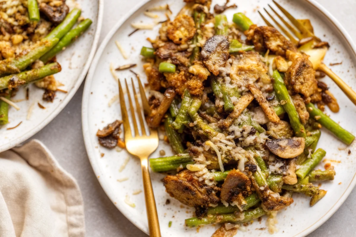 Homemade green bean casserole with crispy shallots and creamy mushroom sauce in white baking dish