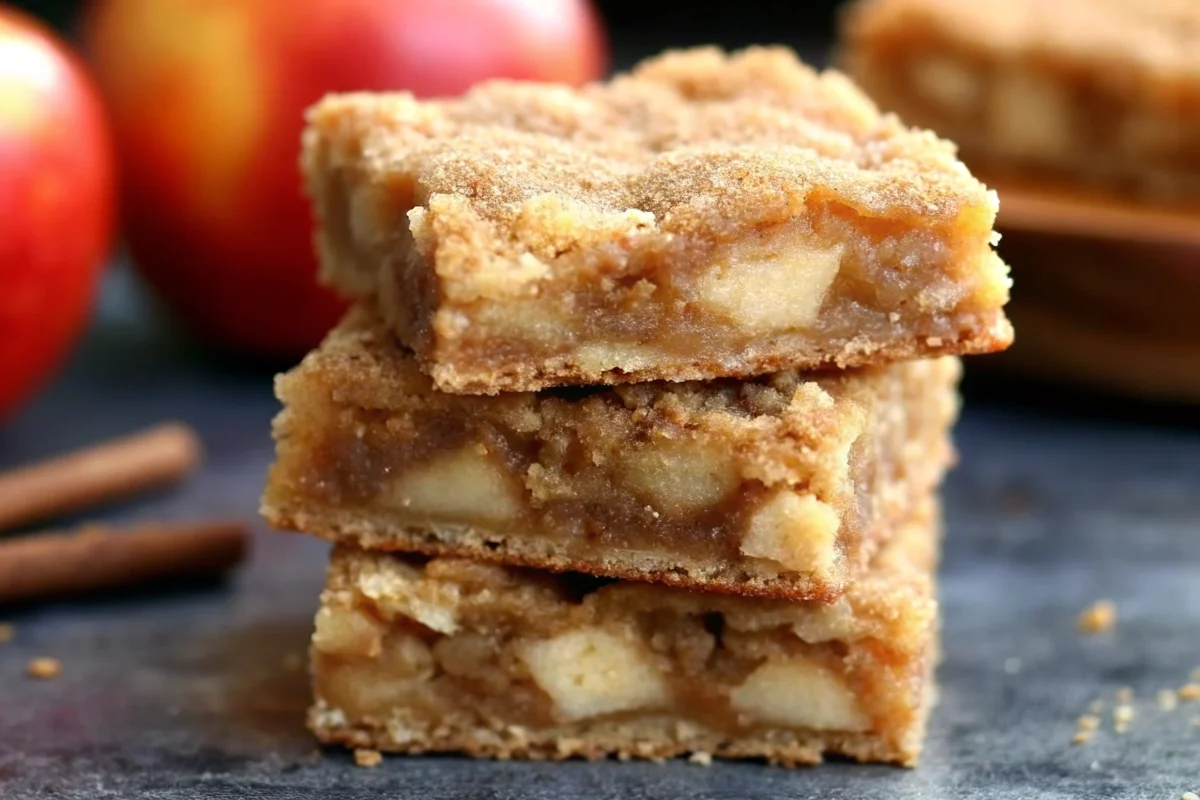 Golden brown Apple Snickerdoodle Bars with cinnamon sugar topping cut into perfect squares on parchment paper