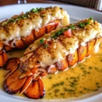 Perfectly broiled garlic butter lobster tails with golden-brown meat resting on bright red shells, garnished with fresh parsley and lemon wedges