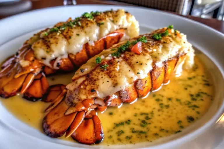 Perfectly broiled garlic butter lobster tails with golden-brown meat resting on bright red shells, garnished with fresh parsley and lemon wedges