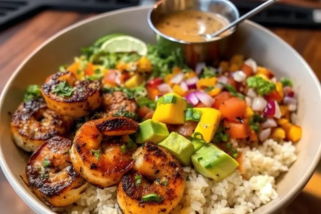 Colorful shrimp and avocado bowls with mango salsa featuring seasoned shrimp, fresh avocado slices, vibrant mango salsa, and creamy lime sauce over fluffy rice