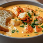 Creamy Lobster Bisque in elegant white bowl garnished with fresh herbs and served with crusty bread on rustic wooden table