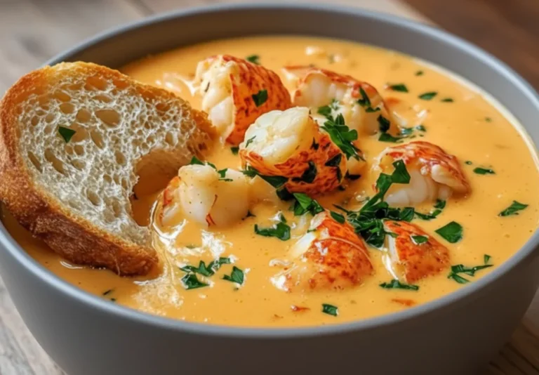 Creamy Lobster Bisque in elegant white bowl garnished with fresh herbs and served with crusty bread on rustic wooden table