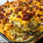 Golden bubbly crack breakfast casserole with melted cheese, hash browns, bacon and sausage in white baking dish