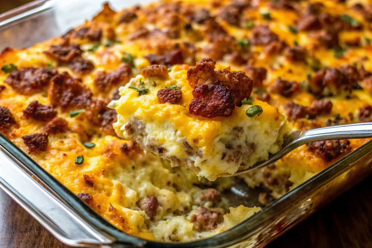 Golden bubbly crack breakfast casserole with melted cheese, hash browns, bacon and sausage in white baking dish