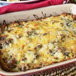 "Golden overnight breakfast casserole with melted cheese, breakfast sausage, and herbs in a white baking dish