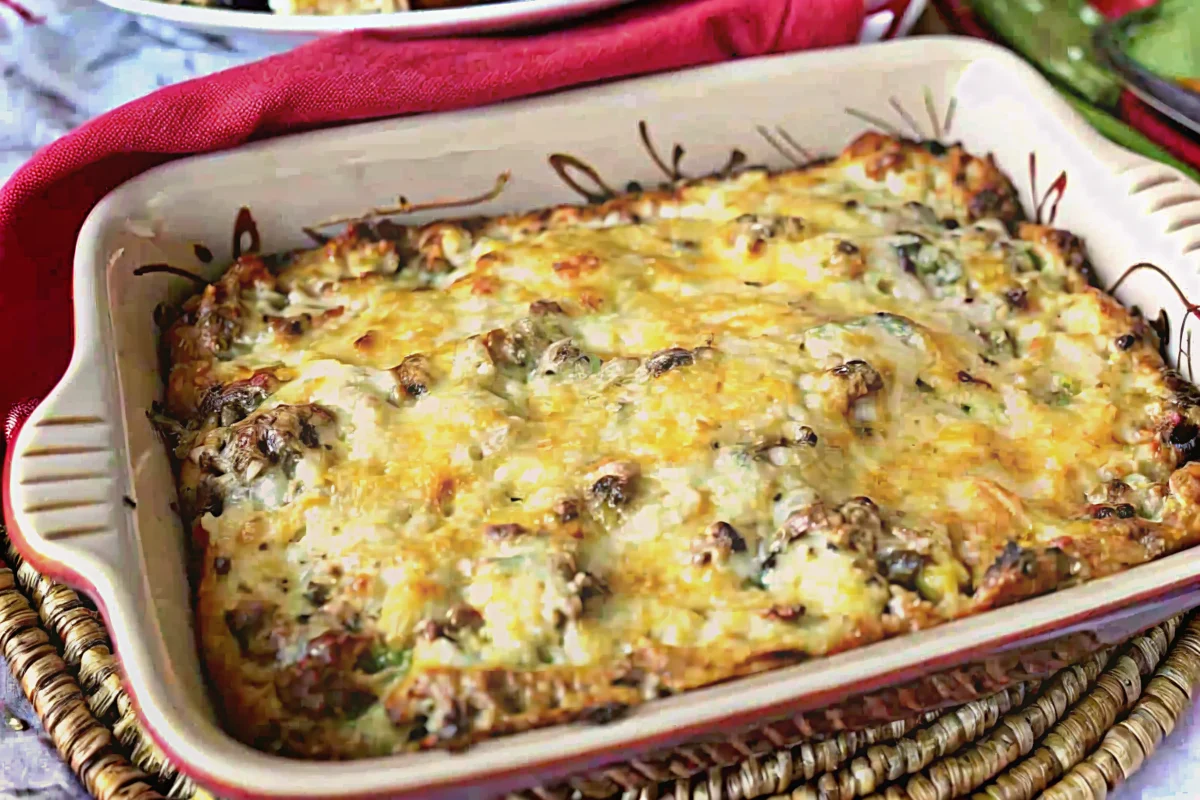 "Golden overnight breakfast casserole with melted cheese, breakfast sausage, and herbs in a white baking dish