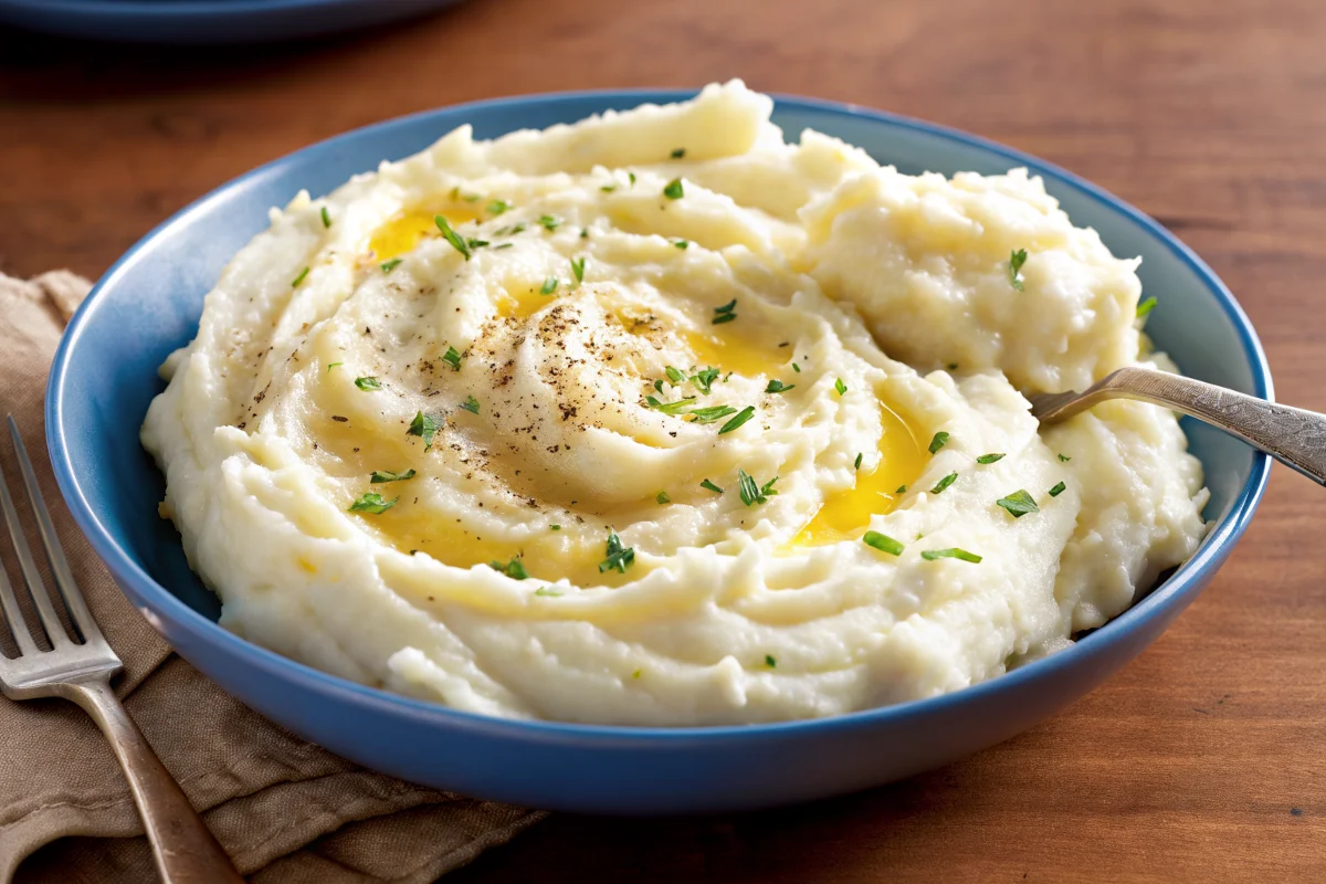Creamy homemade mashed potatoes recipe with butter and herbs in white bowl - perfect comfort food side dish