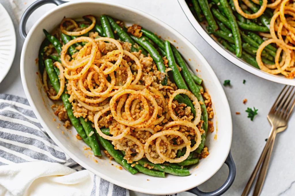 Golden brown thanksgiving green beans casserole with crispy fried onions and melted cheese in white baking dish